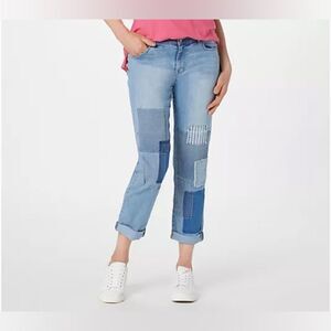 LOGO Lavish Womens Blue Boyfriend Boho Patchwork cropped jeans size 6P